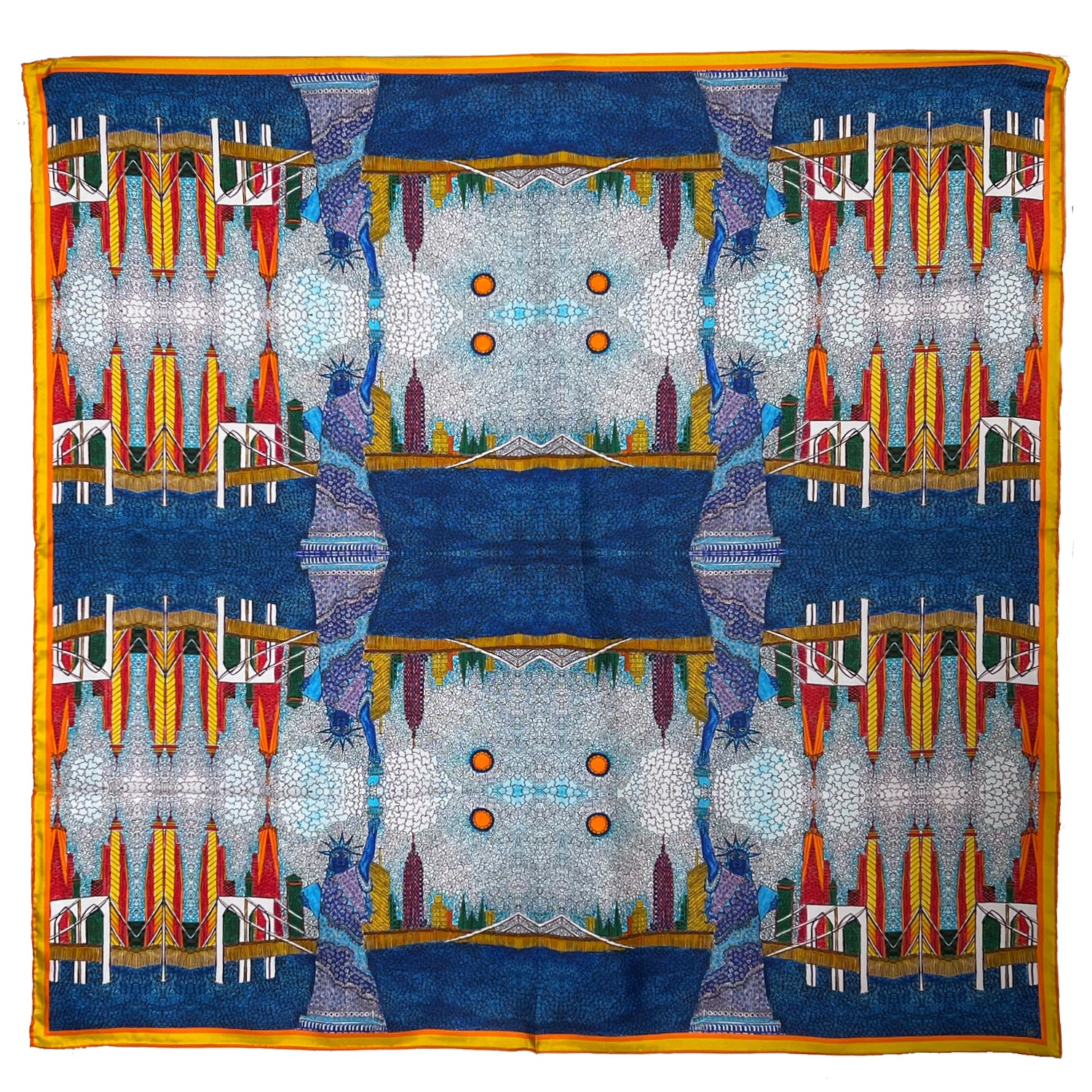 The square New York scarf with skyline in bright colors, painted by hand and printed on silk